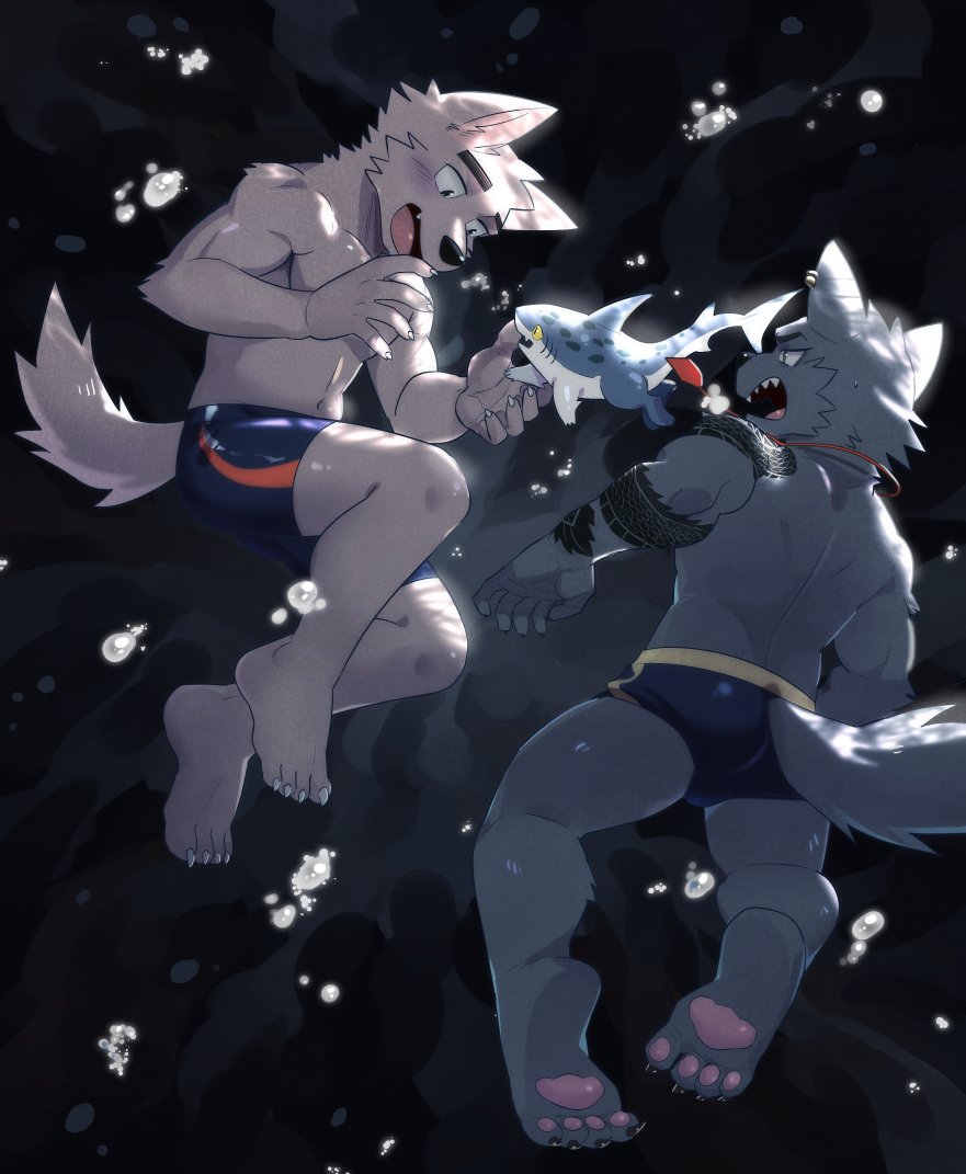 ambiguous_gender anthro canid canine canis clothing domestic_dog fangs feral fish fur grey_body grey_fur hair luwei_(artist) male mammal marine open_mouth paws scales shark shirtless_male swimwear tail tattoo teeth water white_body white_fur