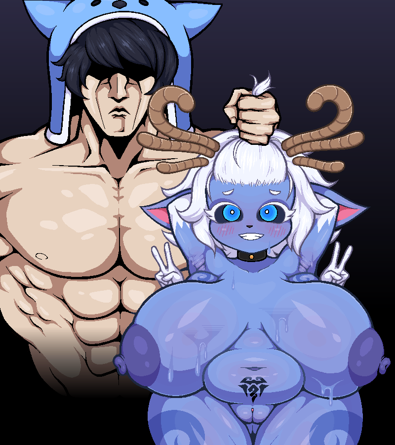 4_arms antlers areola belly big_breasts black_sclera blue_eyes bodily_fluids breasts breasts_apart butt_from_the_front duo female genitals gesture hair horn huge_breasts human humanoid humanoid_pointy_ears hybrid larger_male league_of_legends male male/female mammal marshort multi_arm multi_limb muscular nipples nunu_(lol) overweight overweight_female pussy riot_games sagging_breasts short_stack size_difference smaller_female sweat thick_thighs v_sign white_hair wide_hips willump_(lol) womb_tattoo yeti yordle