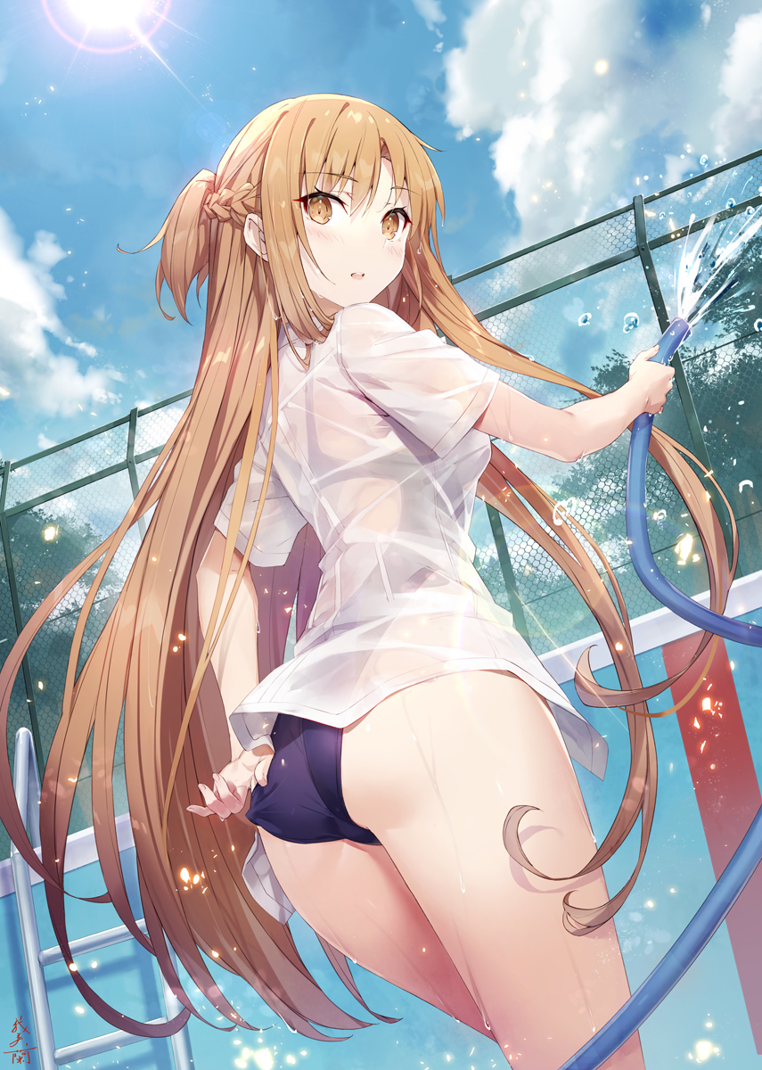 1girl :o adjusting_clothes adjusting_swimsuit alternate_costume ass asuna_(sao) back back_cutout blue_one-piece_swimsuit blue_sky blush braid breasts brown_eyes brown_hair chain-link_fence clothing_cutout cloud commentary_request competition_swimsuit cowboy_shot day dress_shirt duplicate dutch_angle embarrassed empty_pool fence french_braid from_behind from_below gabiran hair_between_eyes half_updo highres holding holding_hose hose lens_flare light_particles long_hair looking_at_viewer looking_back medium_breasts one-piece_swimsuit open_mouth outdoors outstretched_arm parted_bangs pixel-perfect_duplicate pool pool_ladder see-through shiny_skin shirt short_sleeves sidelocks signature sky solo standing straight_hair sun surprised swimsuit swimsuit_under_clothes sword_art_online teeth thighs tree upper_teeth_only very_long_hair water wet wet_clothes wet_hair wet_shirt white_shirt