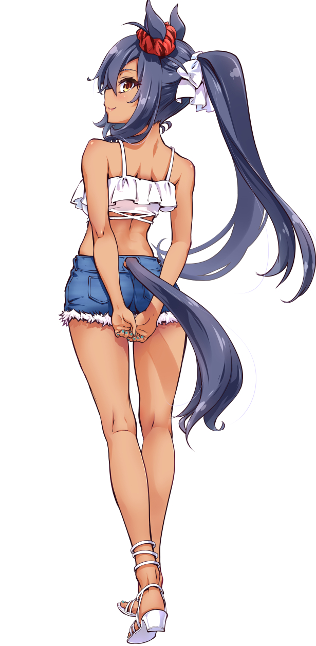 1girl alternate_costume arms_behind_back bare_shoulders black_hair blue_shorts breasts camisole closed_mouth crop_top cutoffs dark-skinned_female dark_skin denim denim_shorts ear_scrunchie feet from_behind full_body high_heels highres hishi_amazon_(umamusume) legs long_hair looking_at_viewer looking_back nail_polish orange_eyes own_hands_together ponytail sandals shirt shorts simple_background small_breasts smile solo strappy_heels suzuki24 tail tail_through_clothes toenail_polish toenails toes umamusume walking white_background white_footwear white_shirt