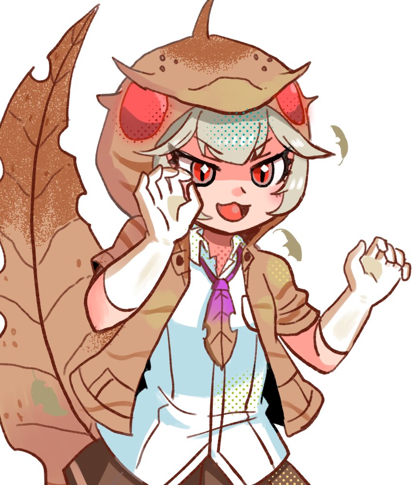 1girl :3 baweng_satanic_leaf_gecko_(kemono_friends) brown_jacket brown_necktie brown_skirt claw_pose collared_shirt cowboy_shot gloves gradient_necktie grey_hair hood hood_up jacket kemono_friends leaf_necklace lizard_tail ma2uastro necktie open_clothes open_jacket open_mouth pleated_skirt purple_necktie red_eyes reptile_girl shirt short_hair short_sleeves skirt smile solo sparkling_eyes tail two-tone_necktie white_gloves white_shirt