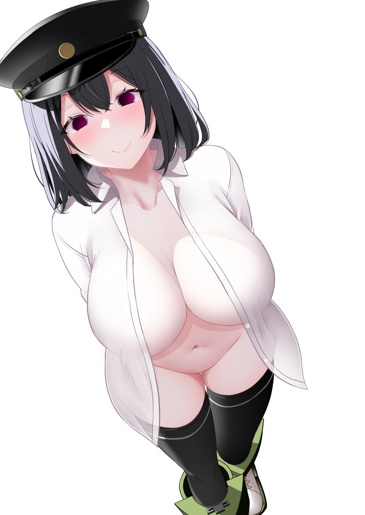 1girl akitsu_maru_(kancolle) akitsu_maru_kai_(kancolle) black_hair black_headwear black_thighhighs blush bottomless breasts collared_shirt dress_shirt from_above hat kantai_collection kirigakure_(kirigakure_tantei_jimusho) large_breasts looking_at_viewer naked_shirt navel open_clothes open_shirt peaked_cap purple_eyes shirt short_hair smile solo thighhighs white_shirt