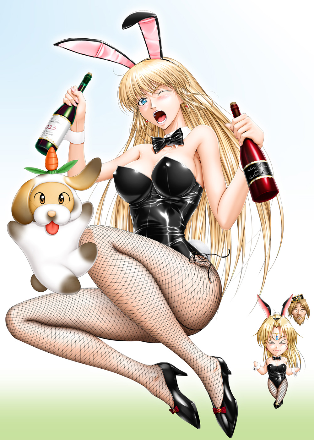 2girls animal animal_ears blonde_hair blue_eyes bottle carrot chibi crown dog evil_grin evil_smile fishnet_pantyhose fishnets floating_head grin hair_ornament high_heels highres holding holding_bottle leotard long_hair looking_at_viewer multiple_girls one_eye_closed pantyhose playboy_bunny rabbit_ears rabbit_hair_ornament sharon_(words_worth) smile takatan wine_bottle words_worth