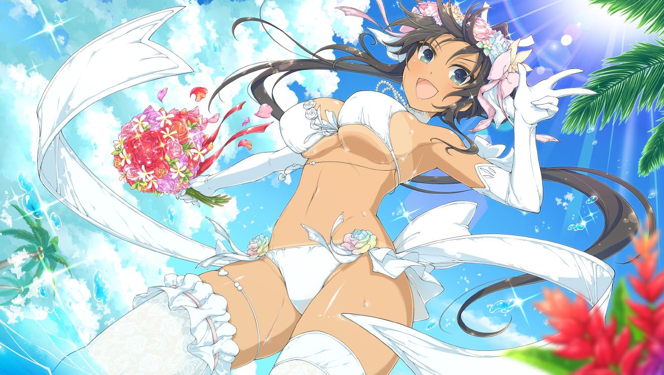 1girl bikini_tan blue_flower blue_rose blue_sky blush bouquet breasts bridal_legwear bridal_lingerie bride brown_hair cleavage cloud coconut coconut_tree day flower gloves green_eyes hair_flower hair_ornament homura_(senran_kagura) in_water jewelry lace lace-trimmed_legwear lace_trim large_breasts leaf linea_alba lingerie long_hair looking_at_viewer multicolored_flower multicolored_rose navel necklace ocean official_alternate_costume official_art outdoors palm_tree panties pearl_necklace pink_flower pink_rose ponytail purple_flower purple_rose red_flower red_rose ribbon rose senran_kagura senran_kagura_new_wave senran_kagura_shoujo-tachi_no_shin'ei sky smile solo tan tanlines thighhighs tree tropical underboob underwear v white_gloves white_panties white_ribbon white_thighhighs yaegashi_nan yellow_flower yellow_rose