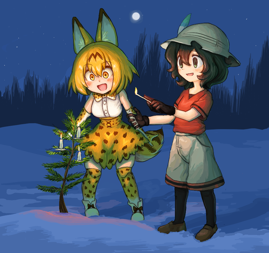 2girls :d animal_ears black_eyes black_gloves black_hair blush bow bowtie brown_footwear candle forest full-face_blush full_body gloves grey_headwear grey_shorts hat_feather helmet jazonyan kaban_(kemono_friends) kemono_friends looking_at_viewer matches multiple_girls nature night open_mouth orange_bow orange_bowtie orange_eyes orange_hair outdoors pith_helmet print_bow print_bowtie print_gloves print_skirt red_shirt serval_(kemono_friends) serval_print shirt short_hair short_sleeves shorts skirt sky smile snow standing star_(sky) starry_sky tree white_footwear