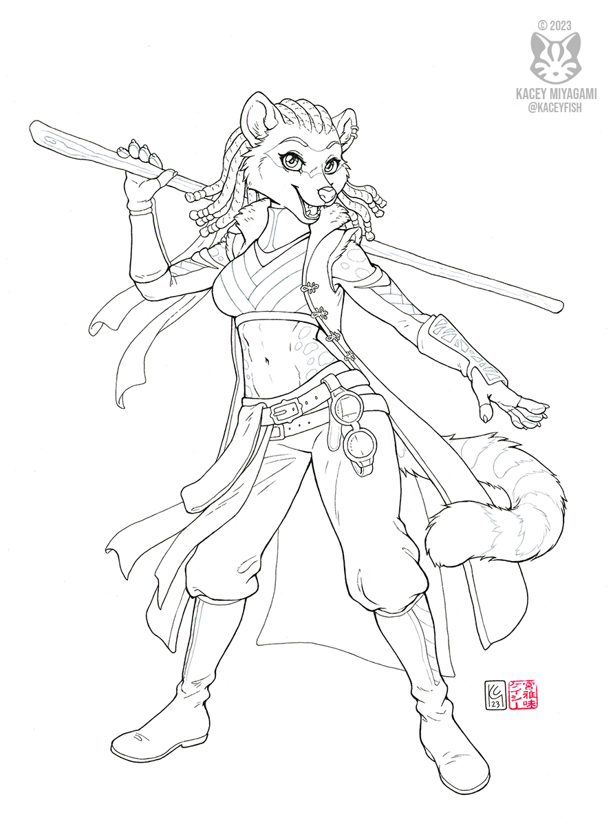 2023 anthro armor beau_(critical_role) boots bottomwear breasts civet clothing coat cosplay critical_role dreadlocks female fingerless_gloves footwear gloves handwear hi_res holding_object holding_staff kacey looking_at_viewer mammal midriff navel open_mouth open_smile pants scylla_(draegwolf) simple_background smile solo staff standing topwear traditional_media_(artwork) vambraces viverrid