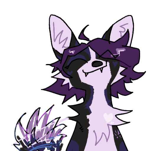 alpha_channel ambiguous_gender black_body black_fur canid canine eyes_closed feral fur guncht hair headshot_portrait icon mammal portrait purple_hair sad simple_background smile solo tail tail_motion tailwag transparent_background