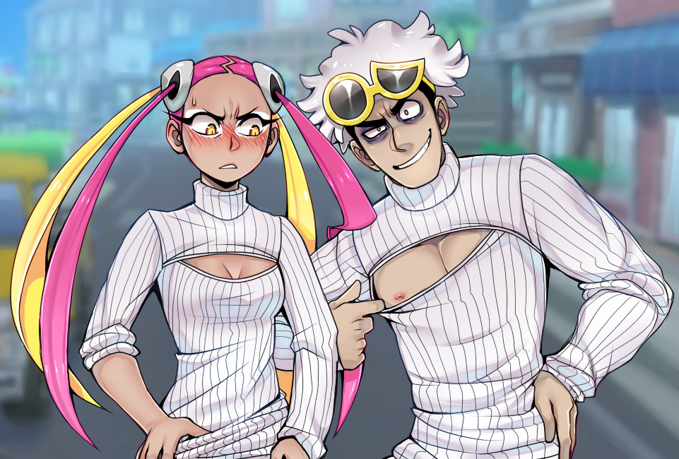 1boy 1girl alternate_costume bags_under_eyes black_hair blonde_hair blush breasts cleavage cleavage_cutout clothing_cutout evil_grin evil_smile eyelashes eyeshadow eyewear_on_head glasses grin guzma_(pokemon) hair_ornament hand_on_hip long_eyelashes long_hair looking_at_another looking_at_viewer makeup messy_hair multicolored_hair nipples parted_lips pectoral_cleavage pectorals pink_hair plumeria_(pokemon) pokemon pokemon_(game) pokemon_sm purple_eyeshadow quad_tails skull_hair_ornament sleeve_rolled_up smile sweatdrop sweater team_skull tesazombie thick_eyelashes twintails two-tone_hair v-shaped_eyebrows white_eyeshadow white_hair white_sweater yellow_eyes