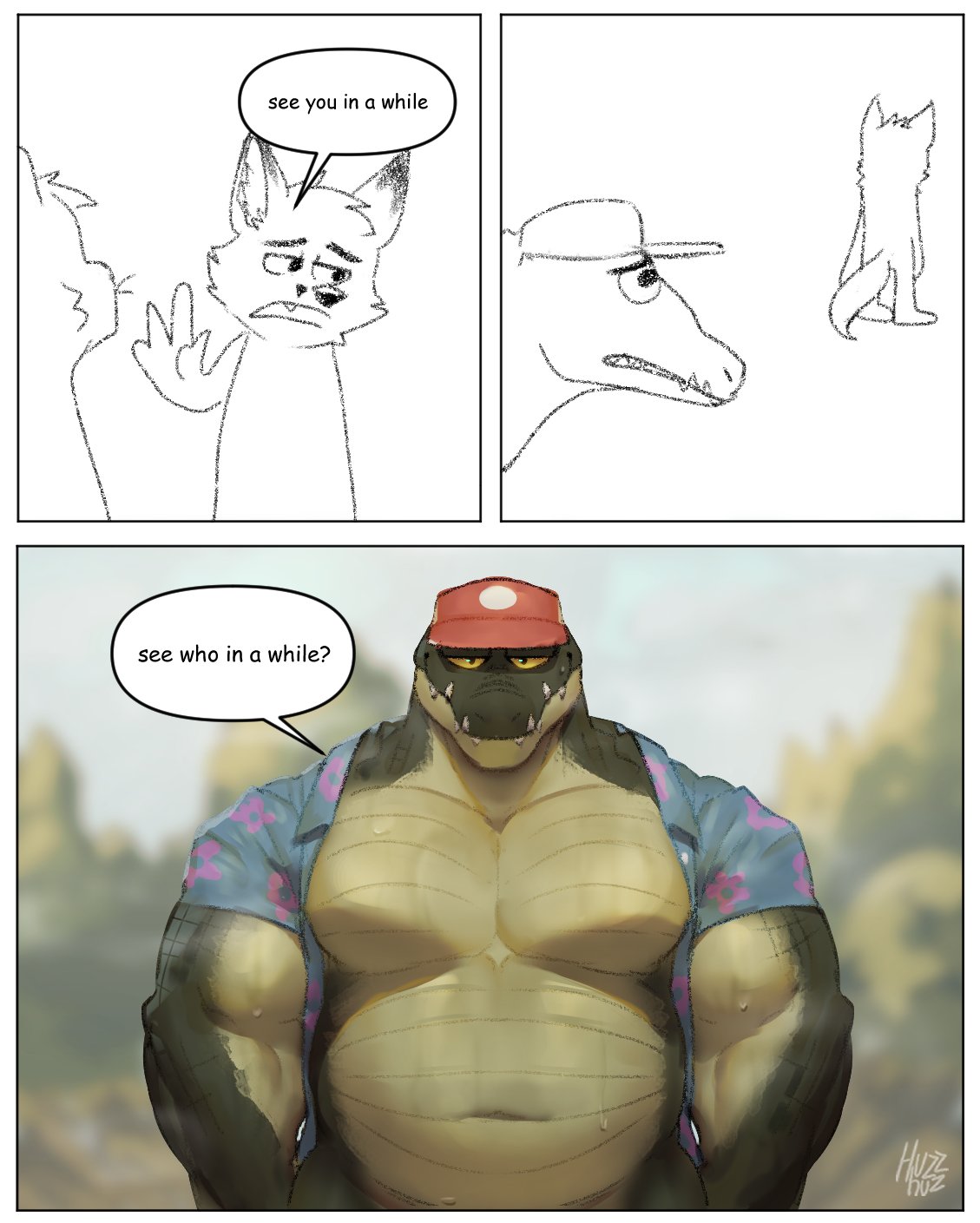 2023 alligator alligatorid anthro barazoku baseball_cap big_pecs canid canine clothed clothing colored comic crocodilian detailed duo front_view glare hat headgear headwear hi_res huzzhuz looking_at_viewer male mammal meme musclegut muscular musk narrowed_eyes open_clothing open_shirt open_topwear pecs reptile scalie shirt sketch slightly_chubby teeth topwear wet wet_body