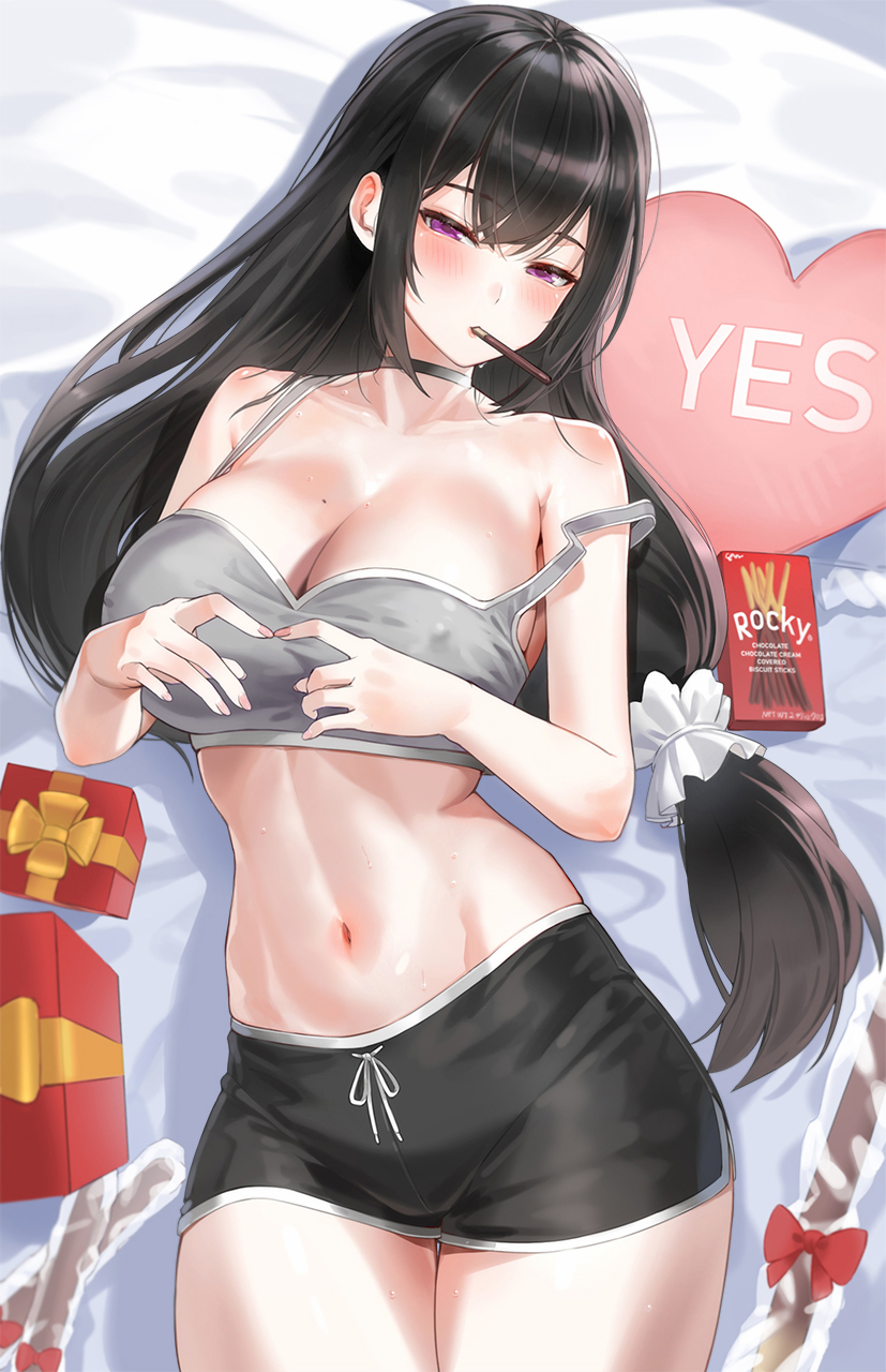 1girl bare_shoulders black_hair black_shorts blush box bra breasts cleavage collarbone dolphin_shorts food gift gift_box grey_bra highres kfr large_breasts long_hair looking_at_viewer low_ponytail lying mouth_hold navel on_back original pocky purple_eyes short_shorts shorts solo sports_bra thighs underwear