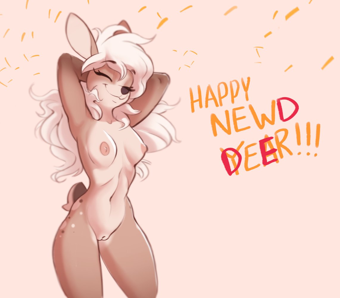 2022 anthro breasts brown_body brown_fur deer digital_media_(artwork) english_text eyes_closed female fur genitals hair hands_behind_head mammal navel nipples nude pink_background pussy sharemyshipment simple_background smile solo standing text white_hair