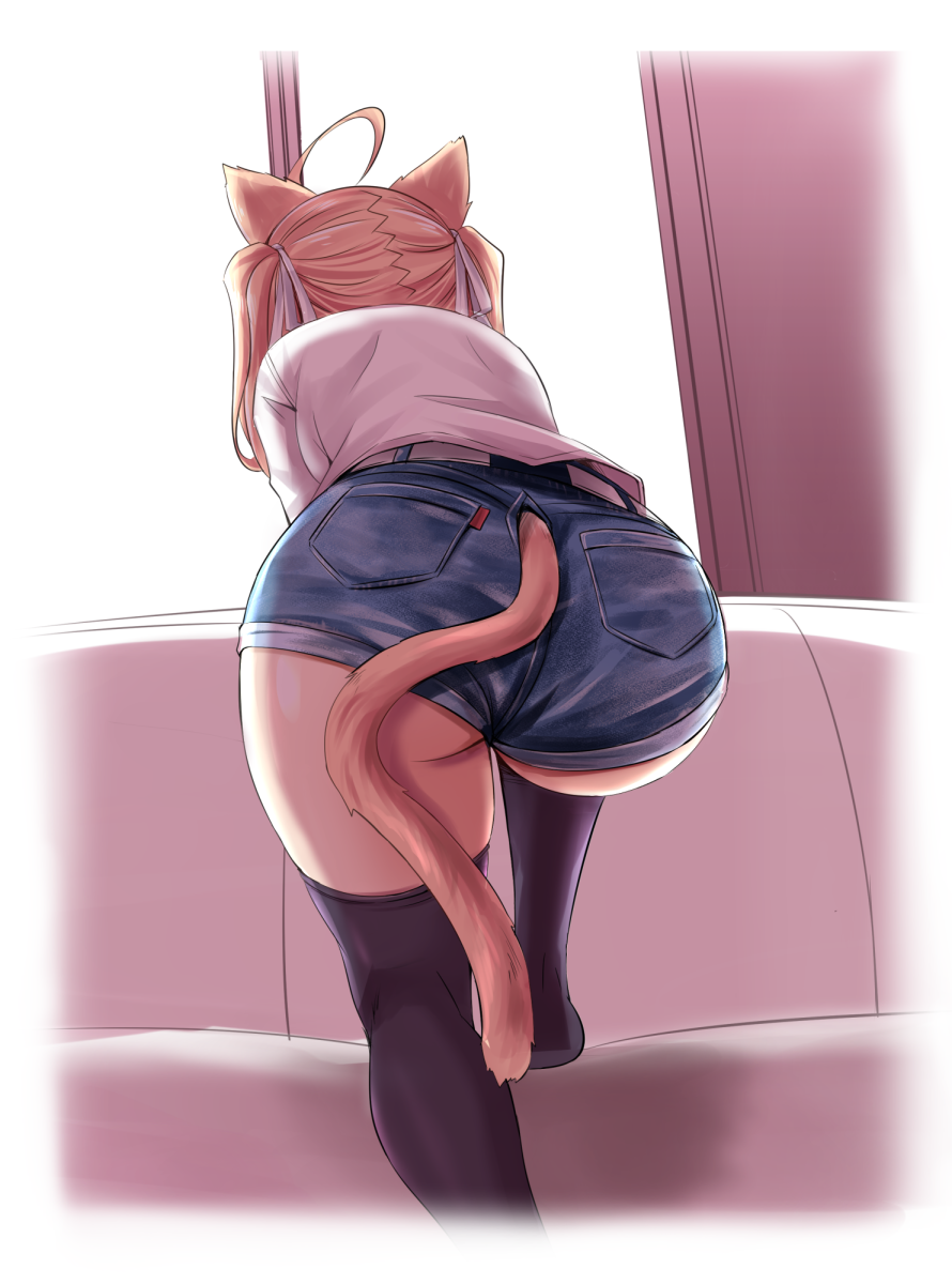 1girl ahoge animal_ears ass black_thighhighs blue_shorts brown_hair cat_ears cat_tail couch denim denim_shorts facing_away from_behind highres indoors leg_up long_hair no_shoes original ribbon shirt short_shorts shorts solo tail thighhighs thighs tonpuu twintails white_shirt window