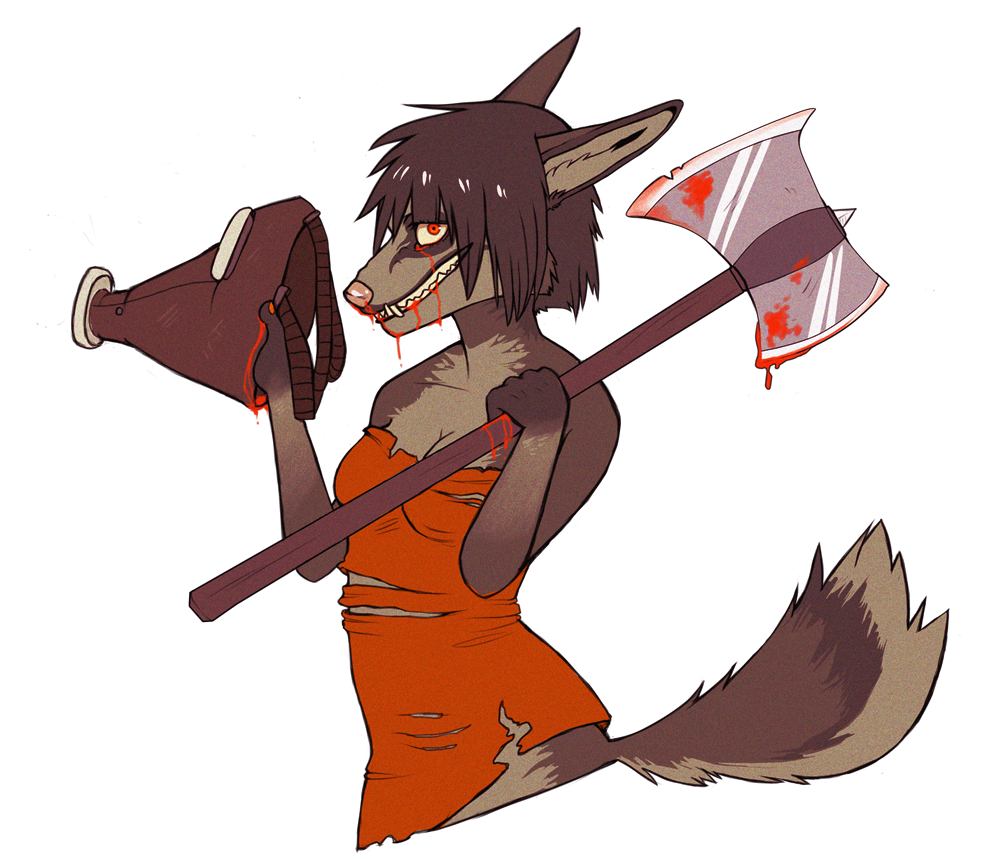 2011 anthro axe blood blood_on_face blood_on_weapon bodily_fluids breasts brown_body brown_fur brown_hair cleavage clothed clothing digital_media_(artwork) female fur hair holding_object holding_weapon kaitycuddle looking_at_viewer mask red_eyes simple_background smile solo teeth torn_clothing weapon