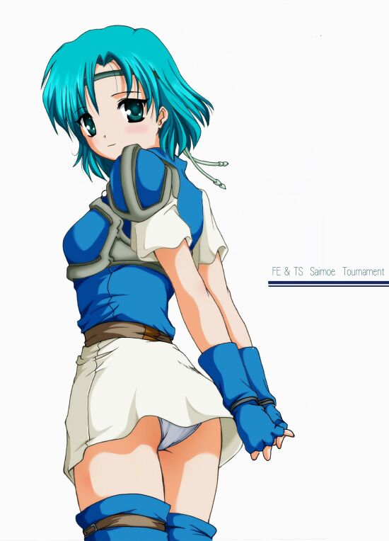1girl 2000s_(style) archived_source armor arms_behind_back ashita_yaru blue_armor blue_eyes blue_gloves blue_hair blue_shirt blue_thighhighs closed_mouth commentary_request fire_emblem fire_emblem:_the_binding_blade gloves green_headband hair_intakes headband interlocked_fingers legs_together light_blue_hair light_smile looking_at_viewer miniskirt panties pantyshot pegasus_knight_uniform_(fire_emblem) shirt short_hair short_sleeves shoulder_armor simple_background skirt solo standing thea_(fire_emblem) thighhighs underwear white_background white_panties white_skirt