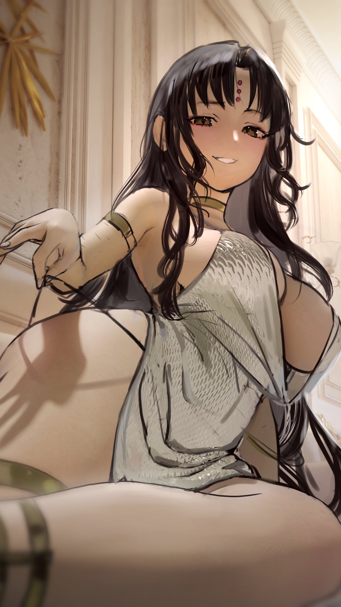 1girl black_hair breasts dress facial_mark fate/extra fate/extra_ccc fate/grand_order fate_(series) forehead_mark forehead_tattoo gold_necklace highres jewelry long_hair looking_at_viewer nanaken_nana necklace pulled_by_self sesshouin_kiara silver_dress smile very_long_hair