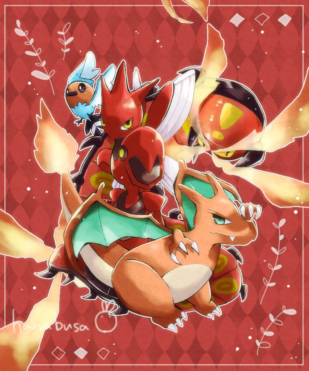 animal_focus argyle argyle_background artist_name beak bird border centiskorch charizard colored_sclera colored_skin commentary_request dragon_wings fangs fire fletchling green_eyes hanabusaoekaki highres no_humans orange_skin pokemon pokemon_(creature) red_background red_skin scizor solid_oval_eyes tail white_border wings yellow_eyes yellow_sclera