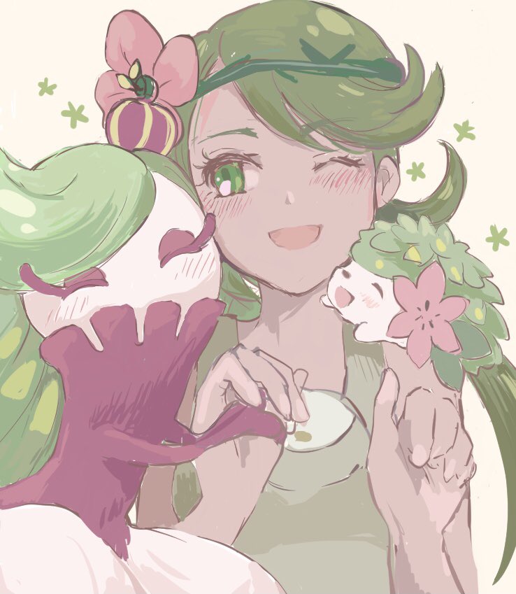 1girl ;d blush flower green_eyes green_hair hair_flower hair_ornament long_hair looking_at_another mallow_(pokemon) on_shoulder one_eye_closed overalls pokemon pokemon_(anime) pokemon_(creature) pokemon_on_shoulder pokemon_sm_(anime) shaymin sleeveless smile sumiko_(sumikop) tsareena upper_body