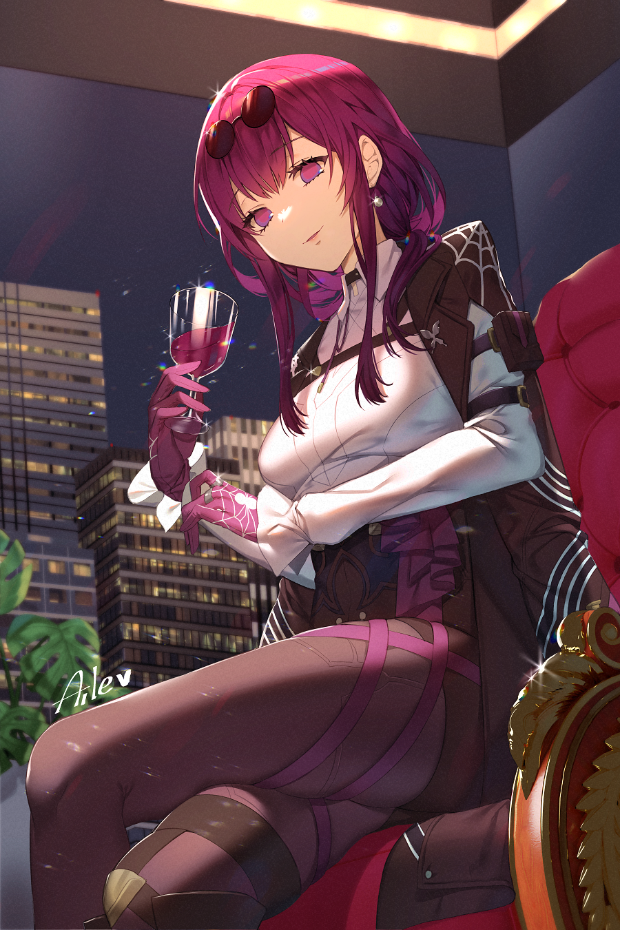 1girl aile_(crossroads) alcohol black_jacket black_shorts blush breasts collared_shirt commentary_request couch cup dress_shirt drinking_glass eyewear_on_head gloves grin high-waist_shorts highres honkai:_star_rail honkai_(series) jacket jewelry kafka_(honkai:_star_rail) large_breasts long_hair long_sleeves looking_at_viewer pantyhose pantyhose_under_shorts purple_eyes purple_gloves purple_hair purple_pantyhose ring round_eyewear shirt shorts sitting smile solo white_shirt wine wine_glass