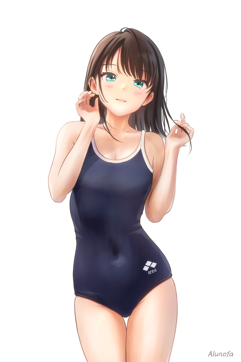 1girl black_hair blue_one-piece_swimsuit breasts competition_school_swimsuit covered_navel cowboy_shot green_eyes highres logo medium_hair one-piece_swimsuit original school_swimsuit simple_background small_breasts solo standing swept_bangs swimsuit thigh_gap white_background yuluvine