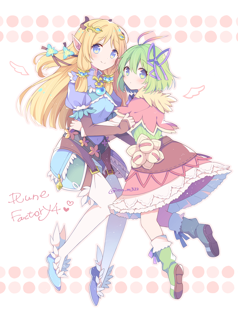 2girls antennae blonde_hair blue_dress blue_eyes blue_flower blue_footwear blush boots brown_gloves capelet closed_mouth copyright_name drawn_wings dress elf fingerless_gloves flower frilled_dress frills full_body fur-trimmed_capelet fur_trim gloves green_eyes green_footwear green_hair hair_between_eyes hair_flower hair_ornament hair_ribbon hand_on_another's_waist kohaku_(rune_factory) long_hair long_sleeves looking_at_viewer margaret_(rune_factory) mini_mamu multiple_girls pink_capelet pink_skirt pointy_ears ribbon rune_factory rune_factory_4 shoes short_hair skirt smile