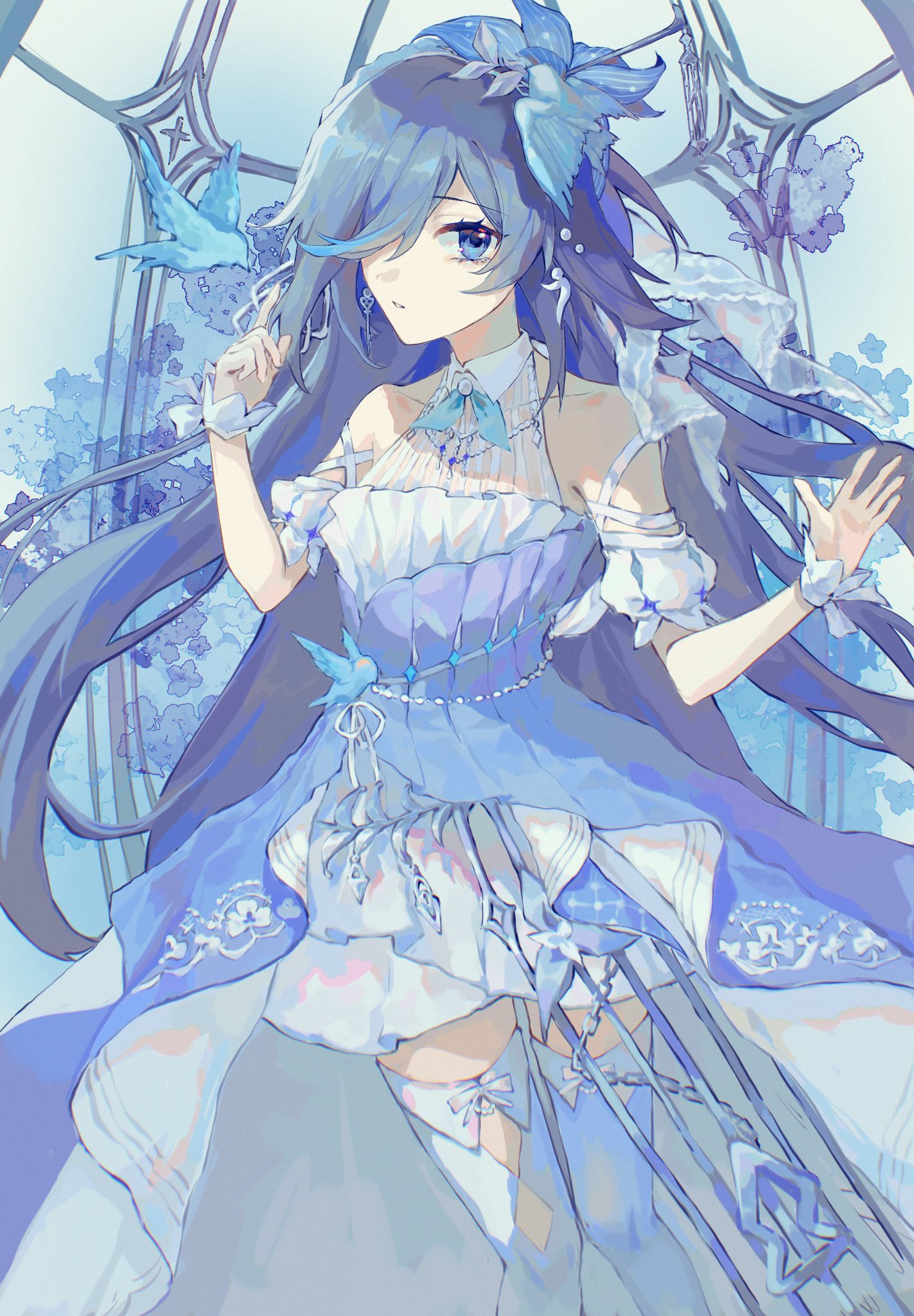 1girl alternate_costume animal_on_head arm_scrunchie bird bird_hair_ornament bird_on_head blue_eyes blue_hair dress eyebrows_hidden_by_hair fu_hua fu_hua_(azure_empyrea) fu_hua_(cerulean_court) grey_hair hair_ornament hair_over_one_eye highres honkai_(series) honkai_impact_3rd long_hair official_alternate_costume on_head open_hands pearl_hair_ornament putting_on_jewelry solo tsubomi_fanart wedding white_dress