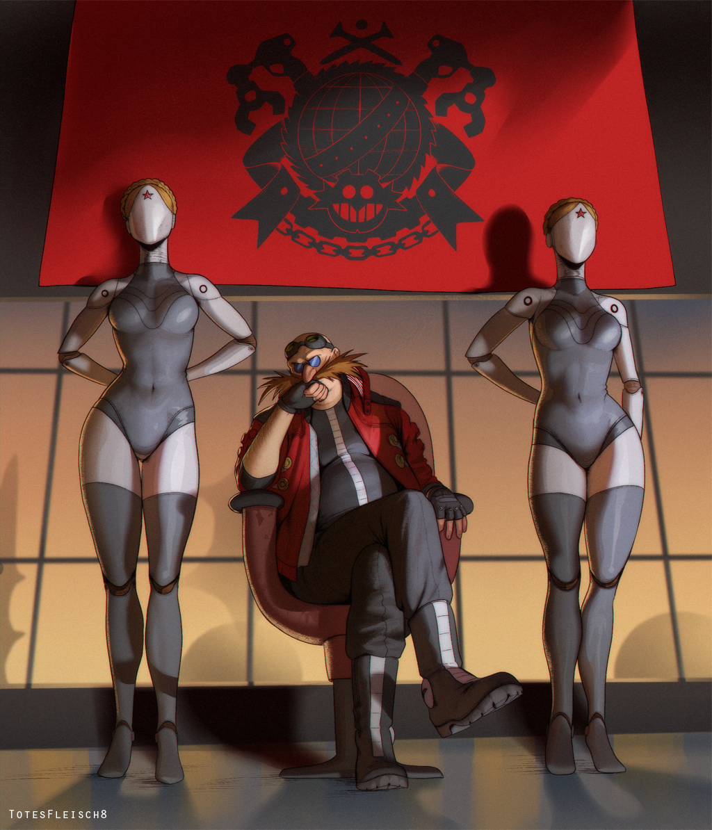 1boy 2girls android armchair atomic_heart bald blonde_hair boots braid breasts chair crossover crown_braid dr._eggman faceless faceless_female facial_hair fat fat_man flag full_body gloves goggles humanoid_robot indoors jacket joints left_(atomic_heart) long_sleeves metal_skin multiple_girls navel pants red_star right_(atomic_heart) robot robot_girl round_eyewear shadow siblings sisters sitting sonic_(series) sunglasses totesfleisch8 twins