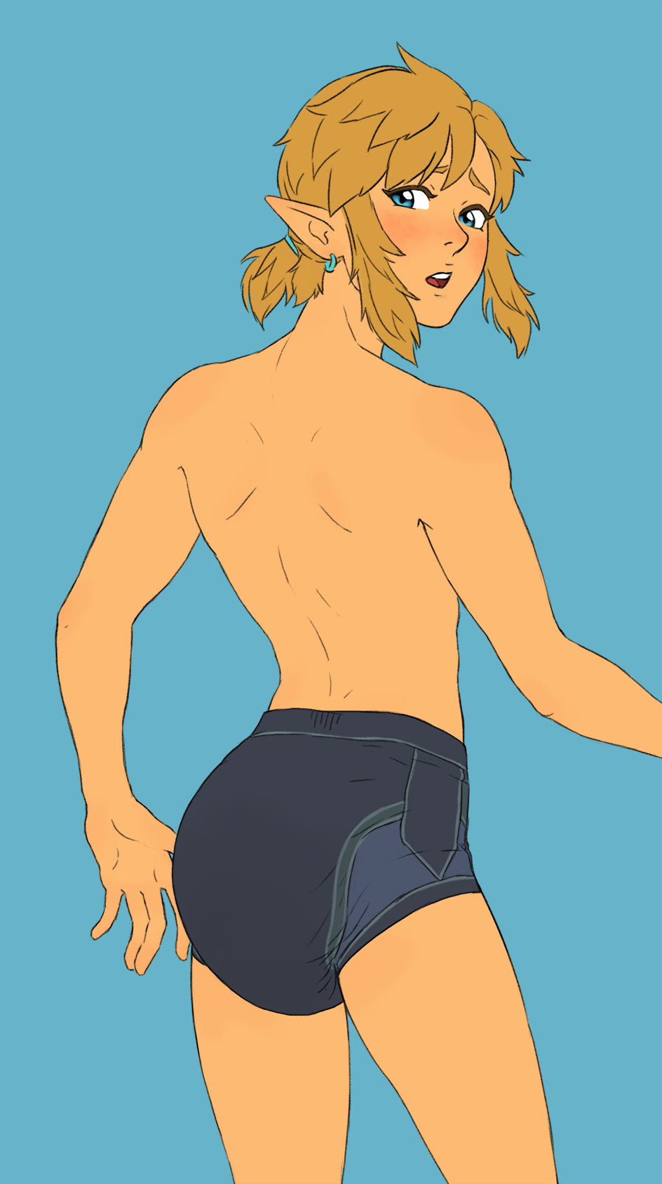 blonde_hair blue_eyes blush breath_of_the_wild clothed clothing diaper diaper_only ear_piercing ear_ring embarrassed floofnfluff hair hi_res humanoid hylian link looking_back male nintendo not_furry open_mouth piercing ponytail ring_piercing solo standing swimwear teeth the_legend_of_zelda topless wearing_diaper