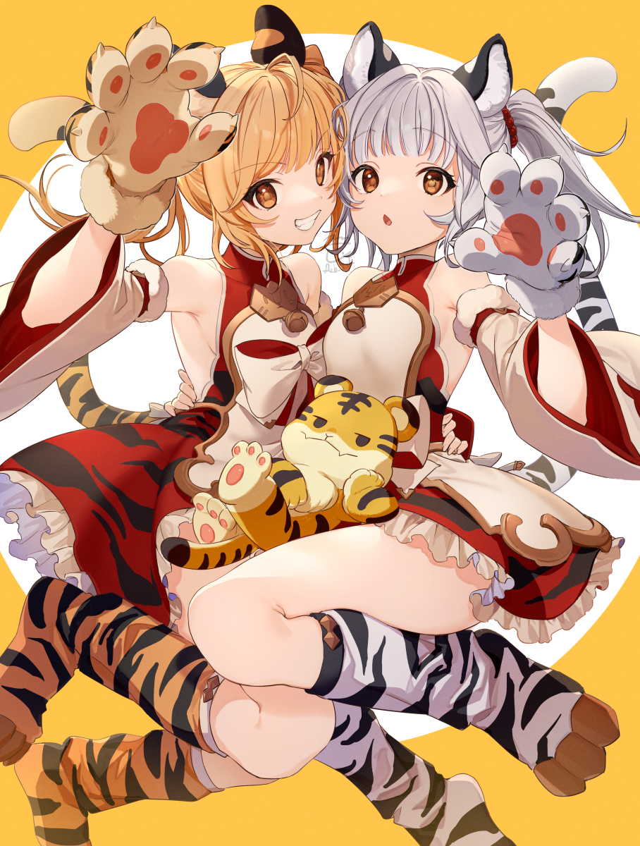 2girls ahoge animal_ears animal_hands armpit_crease bai_(granblue_fantasy) bare_shoulders bell blonde_hair brown_eyes detached_sleeves dress erune feb_itk full_body gloves granblue_fantasy grey_hair grin hand_on_another's_hip heads_together highres huang_(granblue_fantasy) jingle_bell laolao_(granblue_fantasy) looking_at_viewer mandarin_collar medium_hair multiple_girls parted_lips paw_gloves paw_pose petticoat red_dress ribbon siblings simple_background single_glove sisters sleeveless smile socks tail teeth tiger tiger_ears tiger_girl tiger_paws tiger_tail twins twintails wide_sleeves