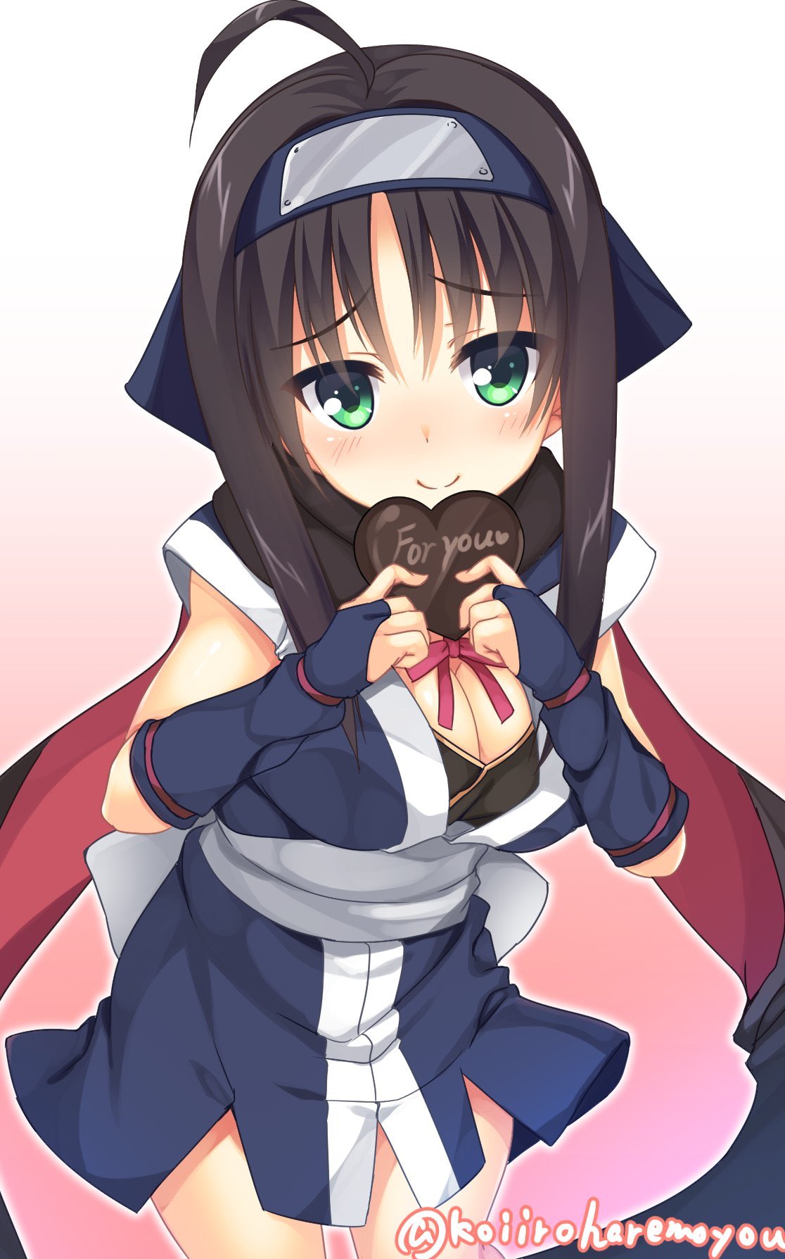 1girl ahoge aria. black_hair black_scarf blue_gloves blue_kimono blush breasts candy chocolate cleavage commentary cowboy_shot eyes_visible_through_hair fingerless_gloves food forehead_protector furrowed_brow gift gloves green_eyes hair_ornament heart heart-shaped_chocolate highres hitachi_mako holding holding_chocolate holding_food holding_gift japanese_clothes kimono large_breasts long_hair looking_at_viewer medium_breasts ninja official_style parted_bangs scarf senren_banka short_kimono smile solo standing straight-on twitter_username valentine