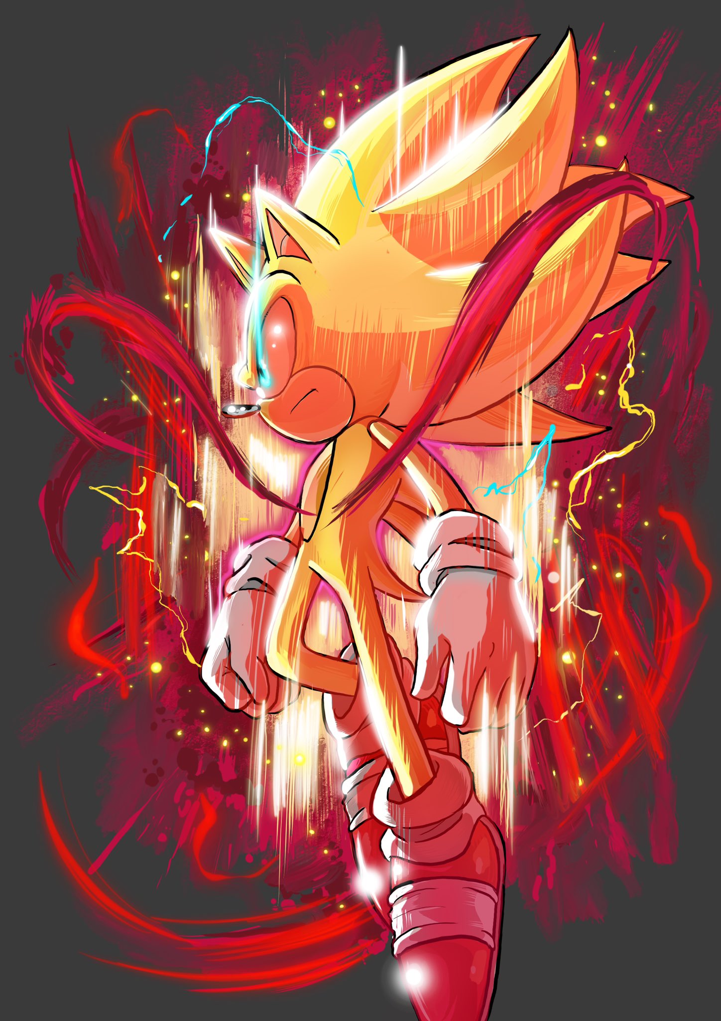 1boy aqua_eyes aura closed_mouth commentary deaddark_xxiii electricity energy english_commentary frown furry furry_male gloves glowing glowing_eyes grey_background highres male_focus red_footwear serious shoes simple_background solo sonic_(series) sonic_frontiers sonic_the_hedgehog super_sonic super_sonic_2 v-shaped_eyebrows white_gloves