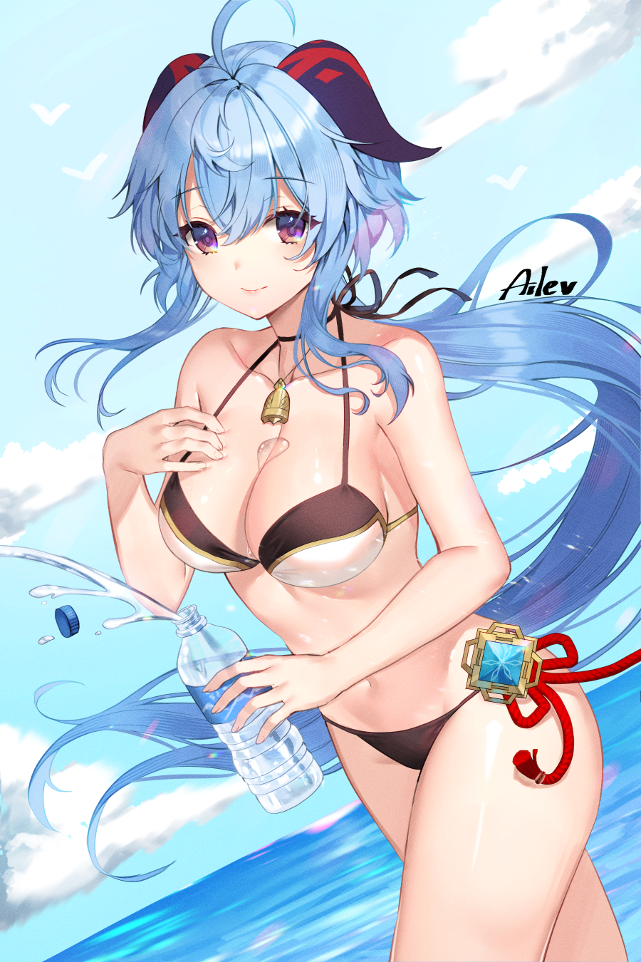 1girl ahoge aile_(crossroads) bare_arms bare_shoulders bikini black_bikini blue_hair blue_sky bottle breasts brown_eyes cleavage closed_mouth cloud collarbone commentary_request day ganyu_(genshin_impact) genshin_impact hair_between_eyes highres holding holding_bottle horizon horns long_hair medium_breasts navel ocean outdoors sky smile solo standing swimsuit very_long_hair water water_bottle