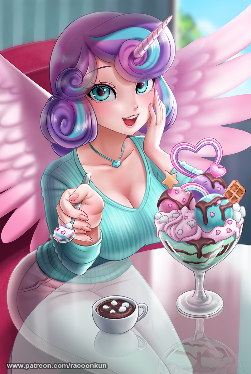 1girl artist_name blue_eyes blue_hair blue_shirt breasts cleavage coffee_cup cup disposable_cup feathered_wings flurry_heart food glass_table highres holding holding_spoon horns ice_cream indoors jewelry large_breasts medium_hair multicolored_hair my_little_pony my_little_pony:_friendship_is_magic necklace open_mouth pants patreon_username personification purple_hair racoon-kun shirt single_horn sitting solo spoon table teeth two-tone_hair upper_teeth_only valentine watermark web_address white_pants wings