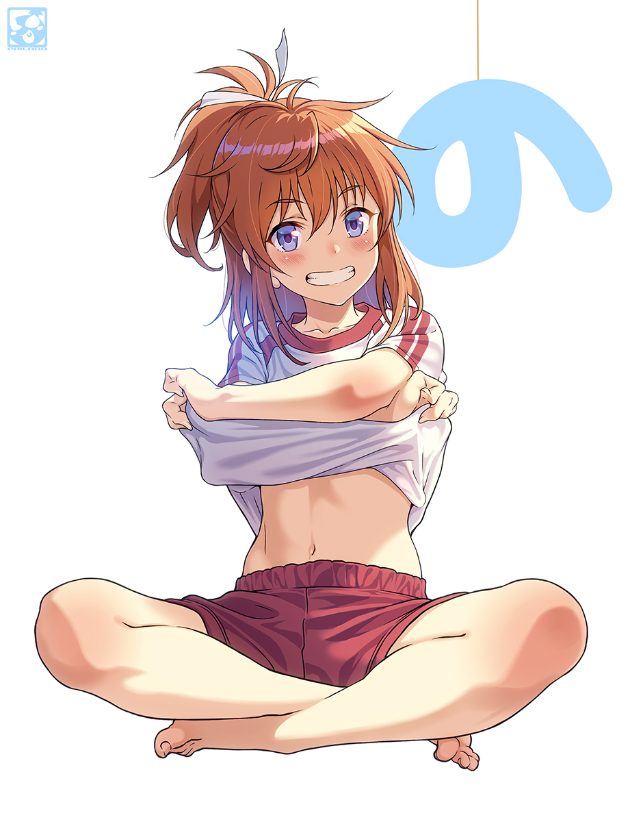 1girl artist_logo bare_legs barefoot blue_eyes blush clothes_lift commentary_request crossed_arms feet full_body gym_uniform hair_between_eyes hair_ribbon highres indian_style koshigaya_natsumi legs lifted_by_self light_brown_hair looking_at_viewer medium_hair messy_hair navel non_non_biyori pairan red_shorts ribbon shadow shirt shirt_lift short_shorts short_sleeves shorts simple_background sitting solo striped striped_shirt teeth toenails toes tomboy undressing white_background white_shirt