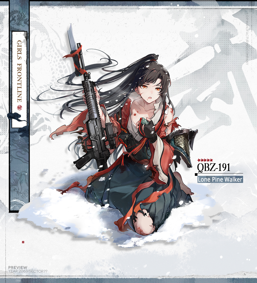 1girl :o barefoot bayonet black_gloves black_hair blood blue_skirt broken broken_weapon collarbone commentary cuts english_commentary english_text fingerless_gloves full_body girls'_frontline gloves gun high_ponytail holding holding_gun holding_weapon imoko_(imonatsuki) injury japanese_clothes kimono kneeling long_skirt long_sleeves looking_at_viewer official_alternate_costume official_art open_mouth orange_eyes pouch qbz-191 qbz-191_(girls'_frontline) qbz-191_(lone_pine_walker)_(girls'_frontline) red_kimono red_ribbon rerebrace ribbon scar scar_on_face scope scrape scraped_knee second-party_source simple_background skirt snow solo star_(symbol) torn_clothes torn_kimono torn_ribbon torn_skirt vambraces weapon white_background