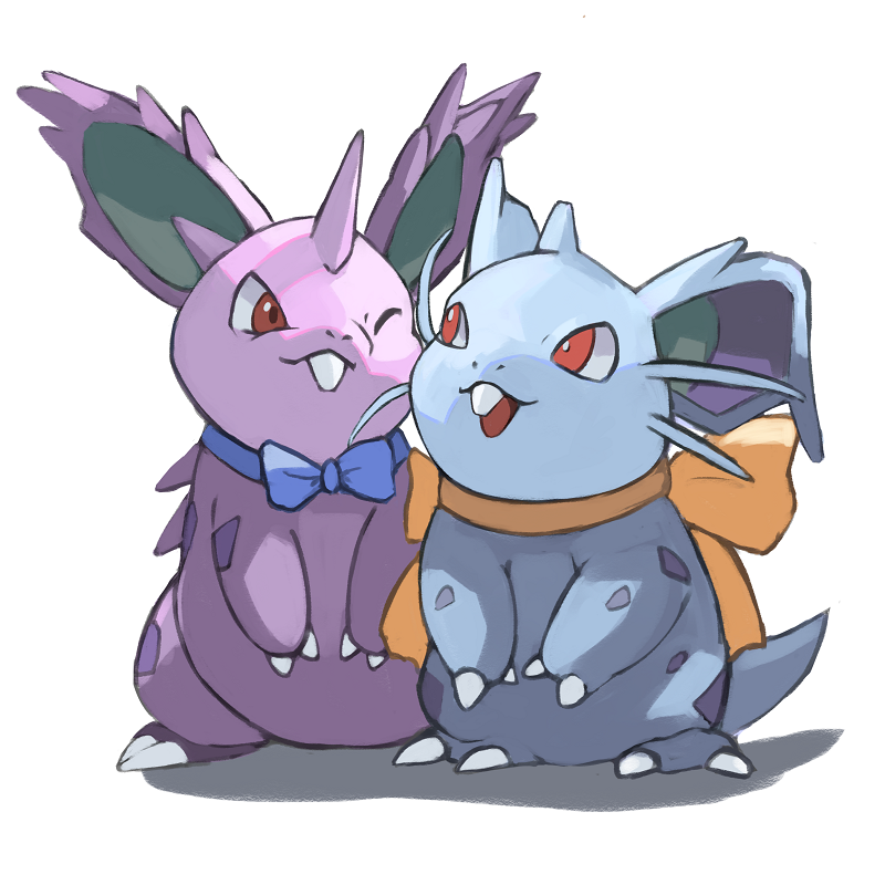 animal_focus blue_bow blue_bowtie bow bowtie bright_pupils buck_teeth claws horns nidoran nidoran_(female) nidoran_(male) no_humans nostrils one_eye_closed pokemon pokemon_(creature) red_eyes single_horn teeth tesshii_(riza4828) white_background white_pupils yellow_bow