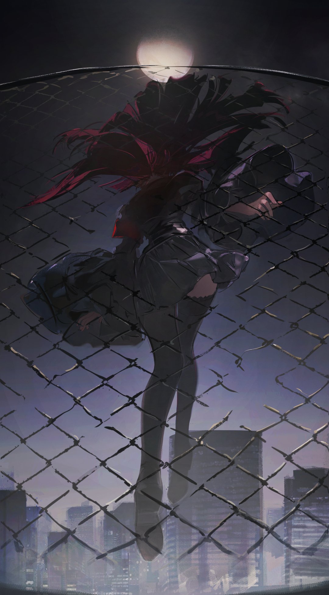 1girl black_footwear black_skirt black_thighhighs building city fence floating_hair from_behind full_body full_moon highres iron_fence kkia light long_hair long_sleeves moon night night_sky outdoors pleated_skirt red_hair school_uniform skirt sky solo thighhighs umineko_no_naku_koro_ni ushiromiya_ange wide_sleeves