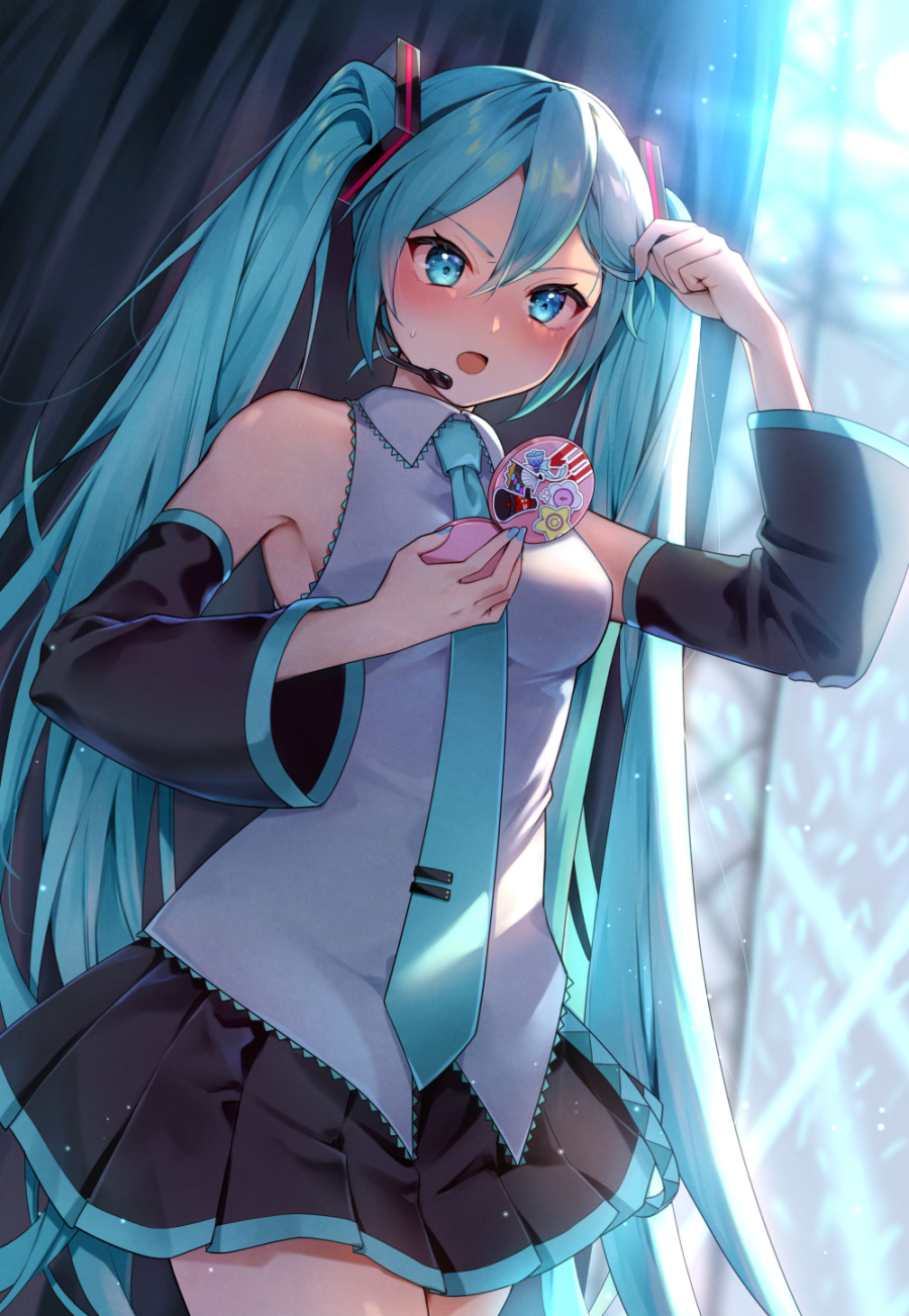1girl adjusting_hair arm_up backstage bare_shoulders black_skirt blue_eyes blue_hair blue_nails blue_necktie blush breasts collared_shirt cowboy_shot detached_sleeves grey_shirt hand_mirror hatsune_miku headset highres holding holding_mirror kyashii_(a3yu9mi) long_hair long_sleeves looking_at_mirror medium_breasts miniskirt mirror nail_polish necktie open_mouth pleated_skirt shirt skirt solo twintails v-shaped_eyebrows very_long_hair vocaloid