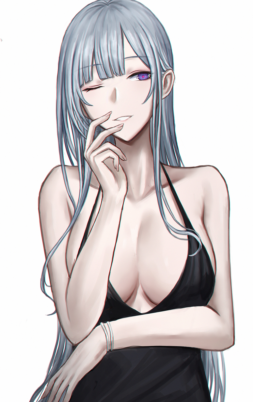 1girl ak-12_(girls'_frontline) bare_arms bare_shoulders breasts cleavage collarbone girls'_frontline grey_hair hand_up highres large_breasts long_hair looking_at_viewer one_eye_closed parted_lips purple_eyes selcky simple_background smile solo upper_body white_background