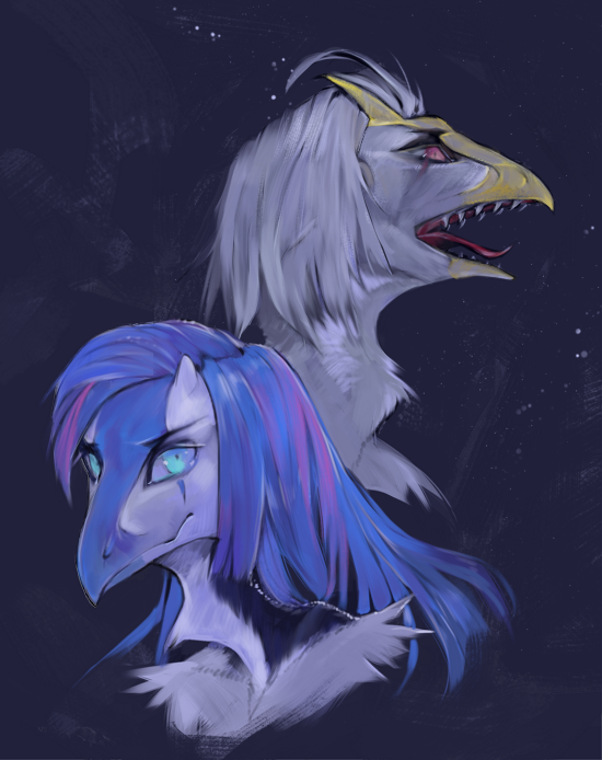 2019 akrolayn anthro avian beak blue_beak blue_body blue_eyes blue_feathers blue_hair bust_portrait digital_media_(artwork) digital_painting_(artwork) duo feathers female grey_body grey_feathers hair highlights_(coloring) male monotone_body monotone_feathers monotone_hair multicolored_hair nevrean open_mouth portrait purple_highlights smile two_tone_hair yellow_beak