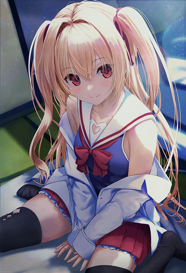 1girl bare_shoulders between_legs black_thighhighs blonde_hair blue_shirt blush bow breasts closed_mouth coat collarbone commentary_request commission crossed_bangs eyelashes eyes_visible_through_hair frilled_skirt frills hair_between_eyes hair_intakes hair_ribbon hand_between_legs indoors irotoridori_no_sekai kurono_mitsuki lab_coat long_hair looking_at_viewer miniskirt nikaidou_shinku no_shoes official_art on_floor open_clothes open_coat pleated_skirt red_bow red_eyes red_ribbon red_skirt ribbon sailor_collar school_uniform serafuku shirt sitting skeb_commission skindentation skirt sleeveless sleeveless_shirt small_breasts smile solo tatami thighhighs thighs twintails two_side_up v_arms very_long_hair wariza white_sailor_collar zettai_ryouiki