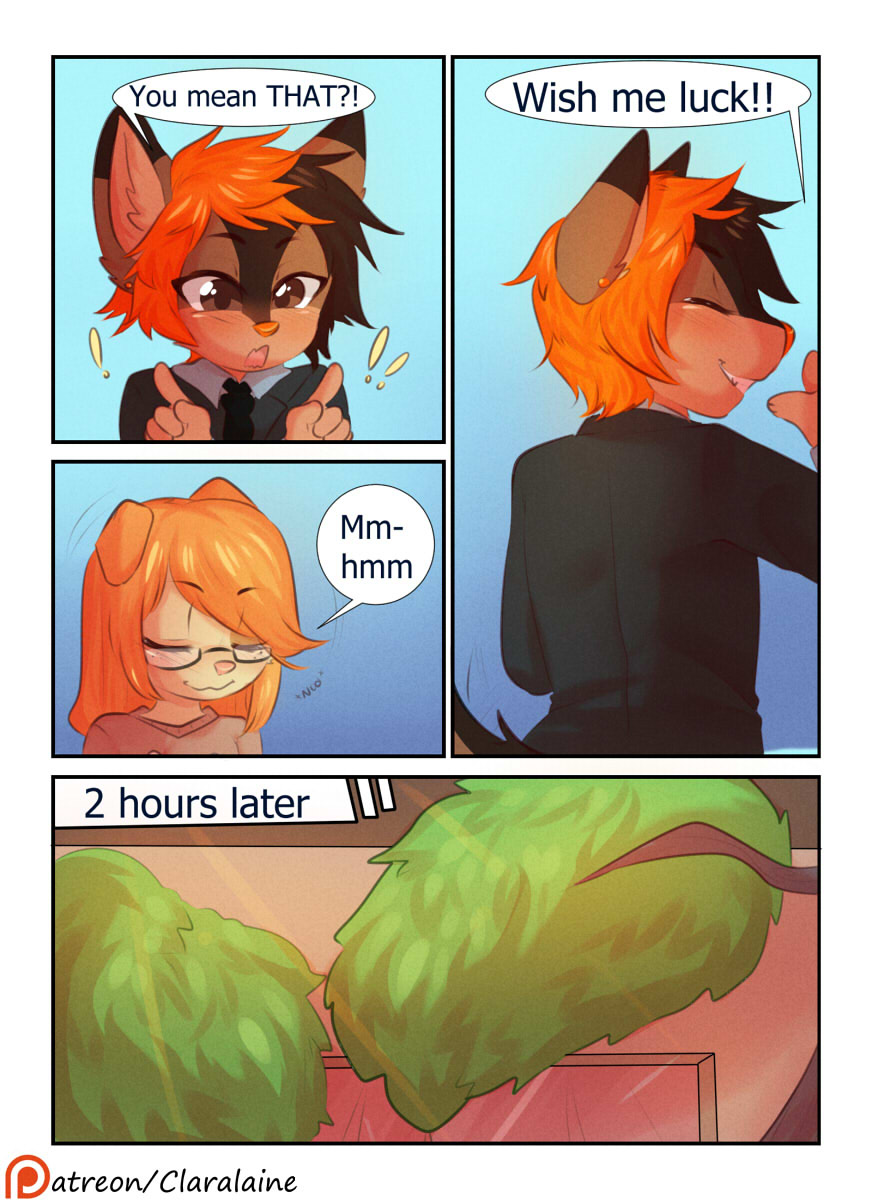 2017 anthro aoizuri blush business_suit canid canine canis clothing comic comic_panel dialogue digital_drawing_(artwork) digital_media_(artwork) domestic_dog english_text eyes_closed eyewear girly glasses hair hi_res male male_(lore) mammal multicolored_hair necktie nodding orange_hair speech_bubble suit text time_skip two_tone_hair