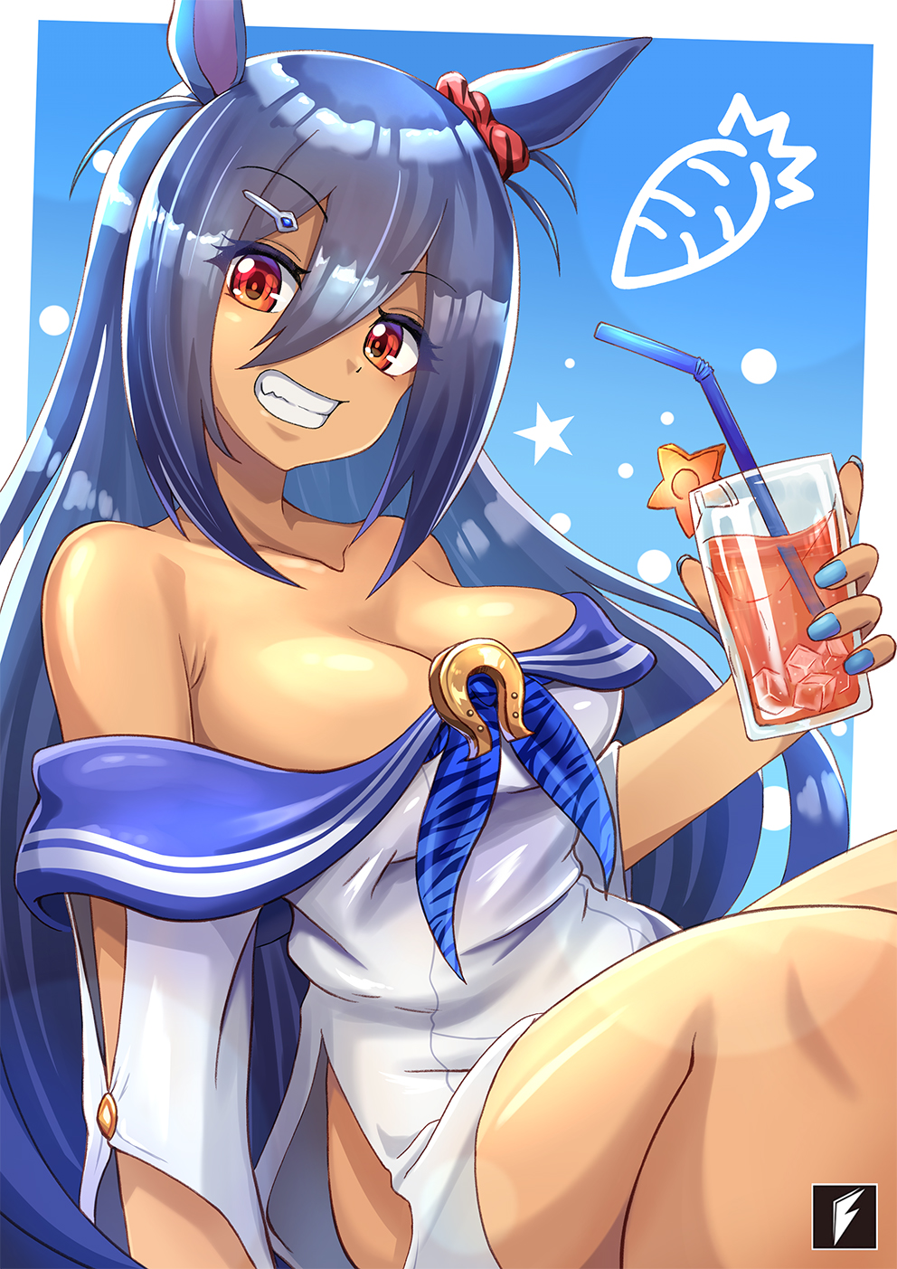 1girl animal_ears bare_shoulders blue_background blue_nails blue_neckerchief border breasts cleavage commentary_request cup dark-skinned_female dark_skin drinking_straw ear_scrunchie grin hair_ornament hairclip highres hishi_amazon_(umamusume) holding holding_cup horse_ears horse_girl large_breasts long_hair looking_at_viewer neckerchief off-shoulder_shirt off_shoulder red_eyes shirt smile solo teng_zhai_zi umamusume very_long_hair white_border white_shirt