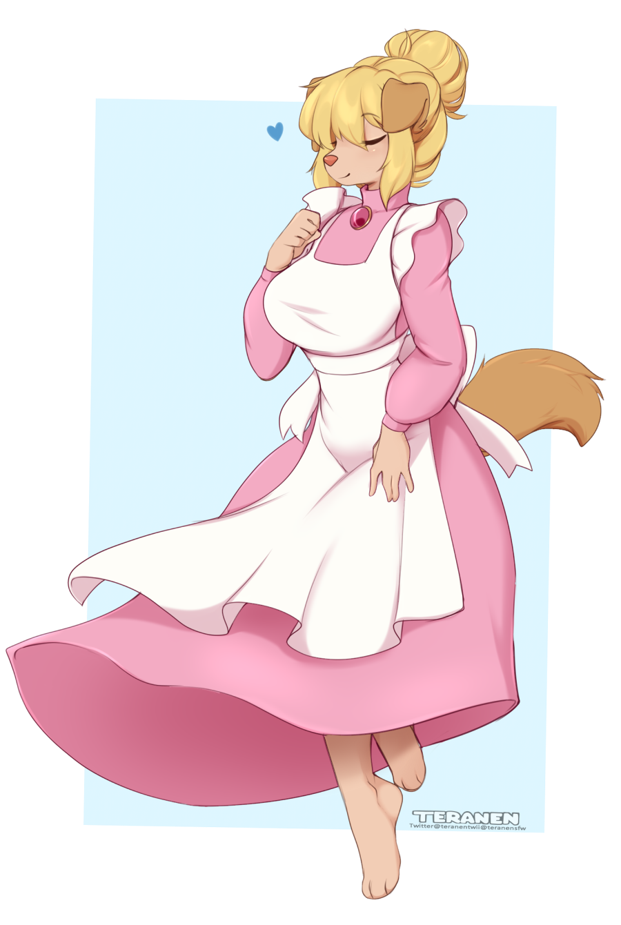 1girl animal_ears animal_feet animal_nose apron artist_name back_bow barefoot blonde_hair blue_background body_fur border bow breasts brooch brown_fur clenched_hand closed_eyes closed_mouth commentary dog_ears dog_girl dog_tail dress english_commentary feet frilled_apron frills furry furry_female hair_bun hand_up happy heart highres jewelry long_dress long_sleeves maid maid_apron marie_hudson medium_breasts meitantei_holmes outside_border pink_dress pink_gemstone short_hair sidelocks simple_background single_hair_bun smile snout solo tail teranen twitter_username u_u watermark white_apron white_border white_bow
