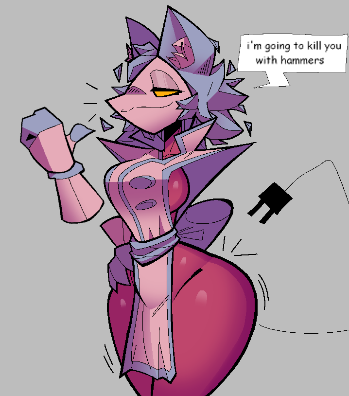 2023 anthro breasts clothed clothing curvy_figure darkner deltarune dialogue disembodied_hand electrical_plug electrical_plug_tail emanata english_text eyelashes felid feline female fur gesture gloves grey_background hand_on_hip handwear humor inner_ear_fluff looking_at_viewer machine mammal narrowed_eyes robot simple_background smile solo standing talking_to_viewer tasque_manager text thick_thighs threatening threatening_viewer thumbs_up tuft undertale_(series) xexeezy