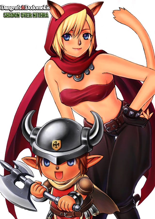 1boy 1girl :d animal_ears animal_nose archived_source avatar_(ff11) axe bandeau bare_shoulders battle_axe belt black_gloves black_pants blonde_hair blue_eyes brand_name_imitation breasts brown_belt brown_hair cape cat_ears cat_girl cat_tail closed_mouth cosplay covered_nipples dimsdale dimsdale_(cosplay) dungeons_&amp;_dragons:_shadow_over_mystara dungeons_and_dragons fake_horns final_fantasy final_fantasy_xi fingerless_gloves gloves grey_headwear hair_between_eyes hand_on_own_hip helmet holding holding_axe hood hood_up horned_helmet horns medium_breasts midriff mithra_(ff11) moriah moriah_(cosplay) navel open_mouth pants pink_lips pointy_ears red_bandeau simple_background smile standing studded_gloves tail tail_raised taisai_soft tarutaru thigh_gap weapon white_background yellow_cape