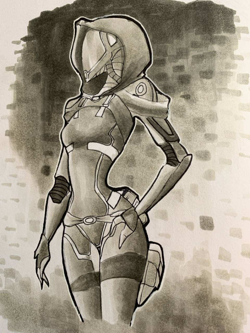 alien alien_humanoid clothed clothing female hi_res humanoid looking_away mask mass_effect monochrome portrait quarian shaded simple_background solo soul_spaghetti spacesuit standing three-quarter_portrait