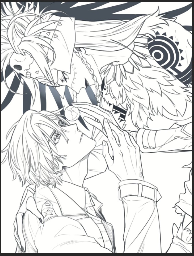 2boys arm_tattoo aztec black_lips black_nails blonde_hair braid daybit_sem_void earth_(planet) facepaint fate/grand_order fate_(series) gloves gold_necklace hair_ornament headdress holding_planet jewelry long_hair long_sleeves male_focus monochrome multiple_boys necklace orb planet profile short_hair shoulder_tattoo simple_background skull skull_hair_ornament smile tattoo tezcatlipoca_(fate) tezcatlipoca_(third_ascension)_(fate) thunderkalel traditional_clothes trench_coat twin_braids upper_body white_background