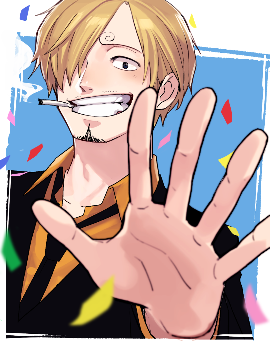 1boy black_jacket black_necktie blonde_hair blue_background cigarette confetti facial_hair formal grin hair_over_one_eye jacket male_focus necktie one_piece reaching_towards_viewer sanji_(one_piece) shironegi_zzz shirt short_hair smile smoking yellow_shirt