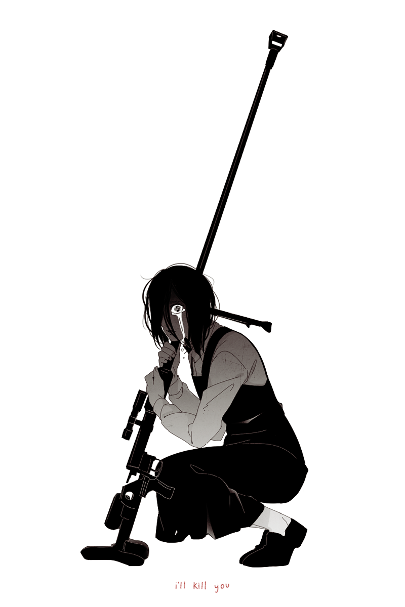 1girl @_@ anti-materiel_rifle bolt_action commentary crying dress english_commentary english_text from_side full_body gabi_braun greyscale gun hair_over_one_eye hanpetos highres long_dress looking_at_viewer messy_hair monochrome ptrd-41 rifle shaded_face shingeki_no_kyojin sniper_rifle solo squatting streaming_tears tears weapon