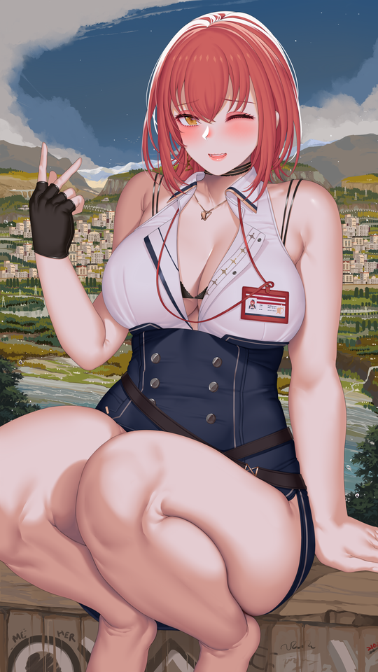 1girl arrow_through_heart bare_shoulders black_gloves blush breasts cleavage fingerless_gloves gloves hanada_yanochi heart heart_necklace heterochromia hololive houshou_marine jewelry landscape large_breasts looking_at_viewer necklace off_shoulder one_eye_closed open_mouth pirate pleated_skirt red_hair shirt short_hair skirt smile solo thighhighs v virtual_youtuber